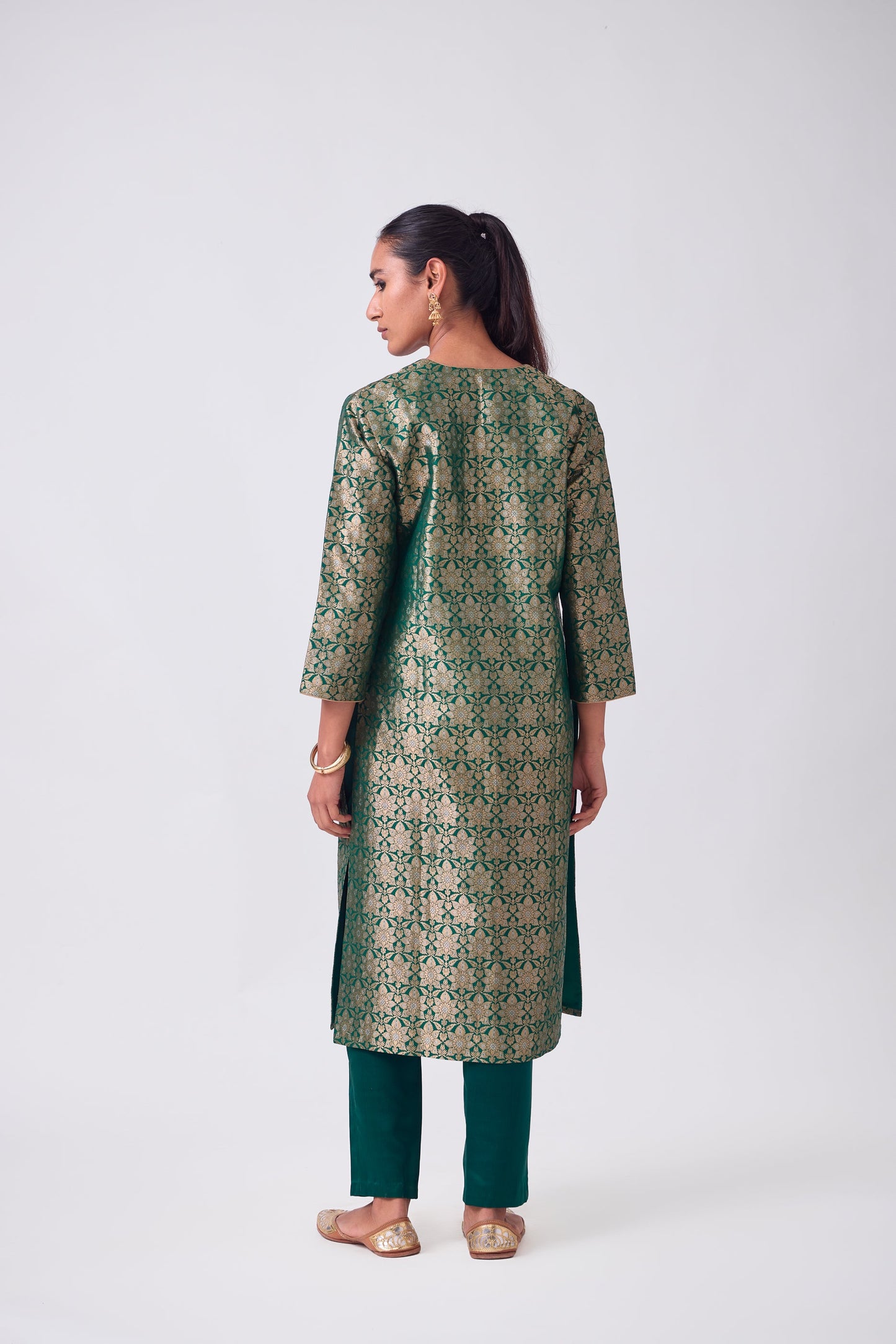 Kurta - Bottle Green Silk Brocade