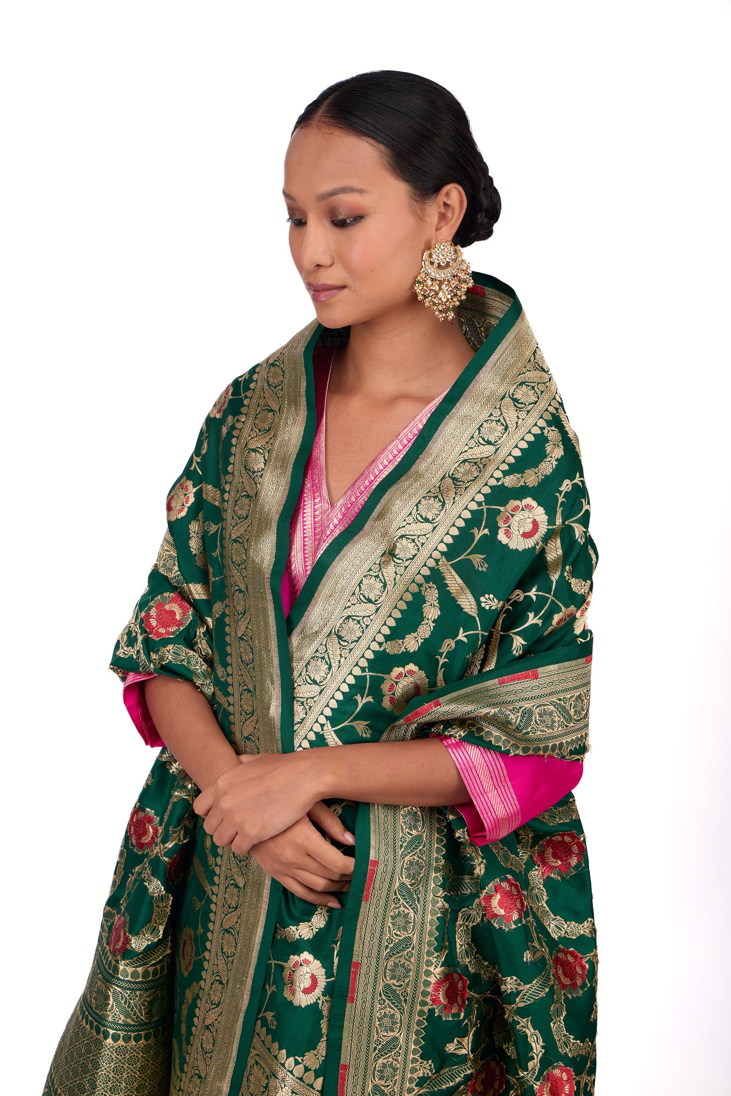 Bottle Green Katan silk Jaal Dupatta