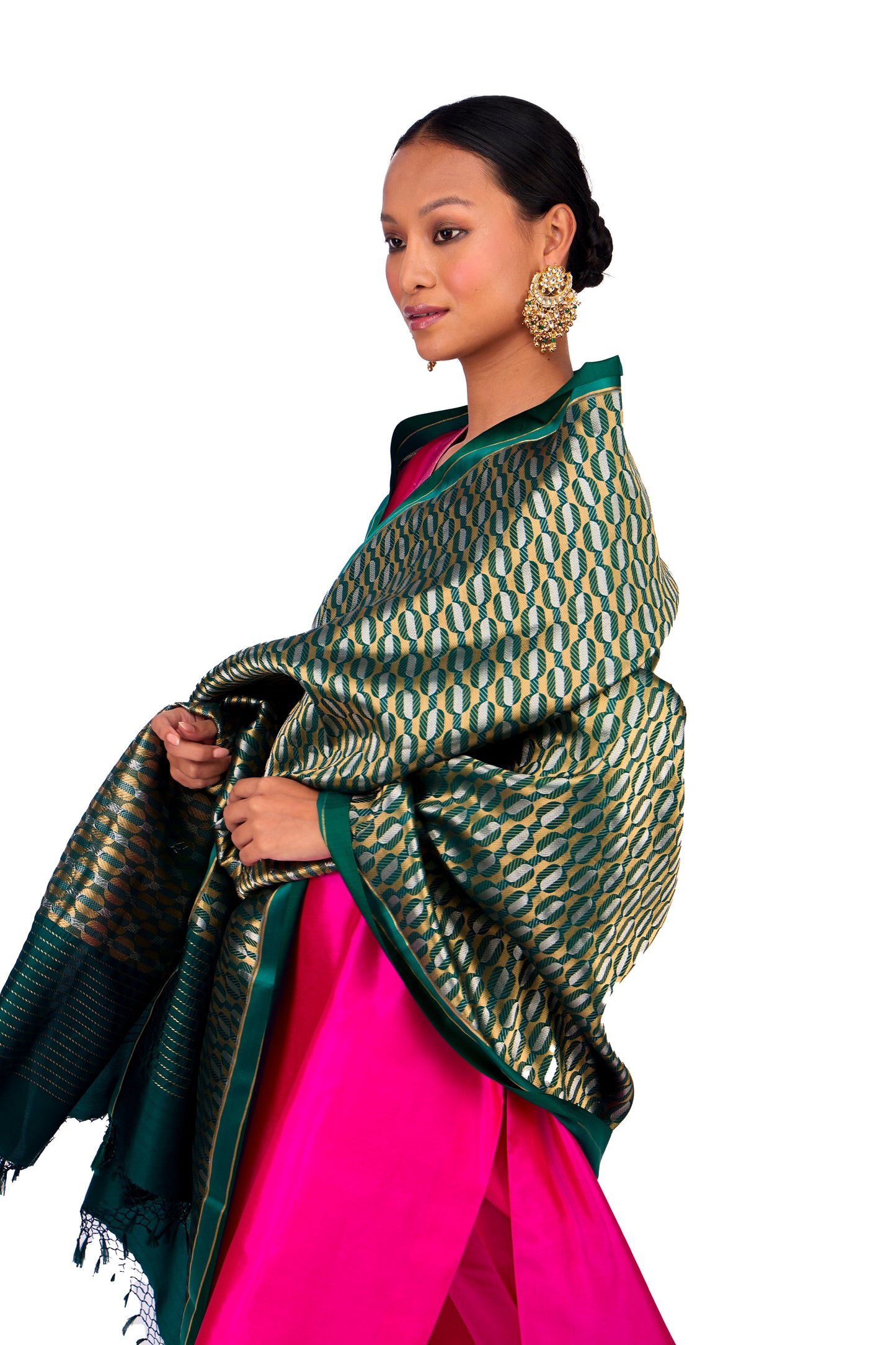 Bottle Green katan Silk Mashru Border Dupatta