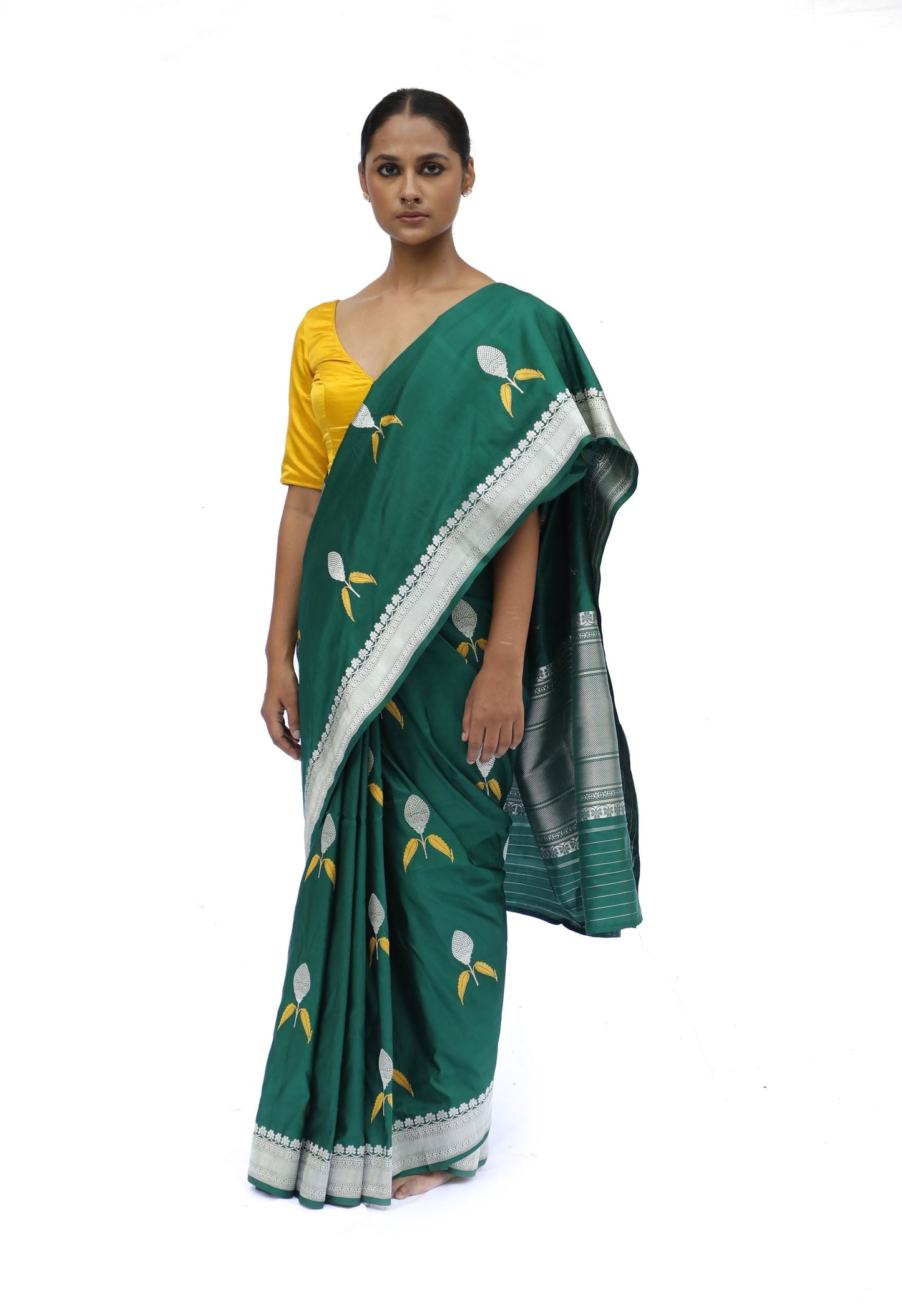 KAYA - bottle green pink katan silk saree