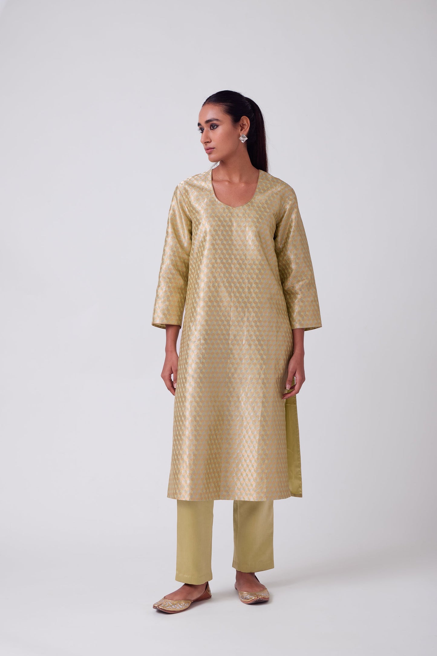 Kurta - Lime Yellow Silk Brocade