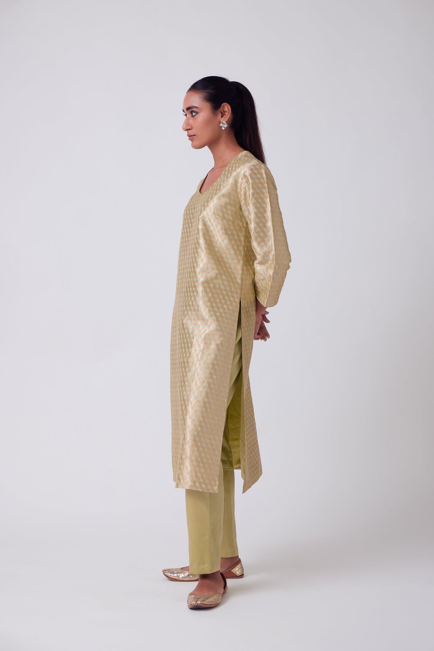 Kurta - Lime Yellow Silk Brocade