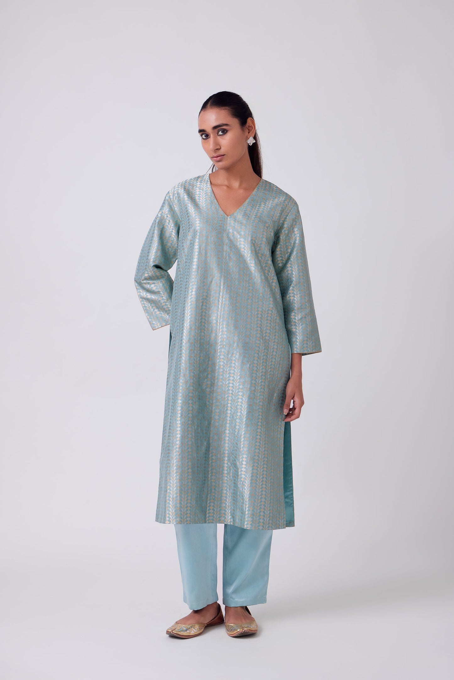 Kurta - Sky Blue Silk Brocade
