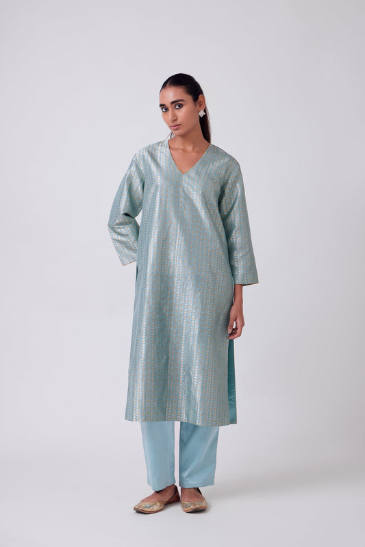 Kurta - Sky Blue Silk Brocade