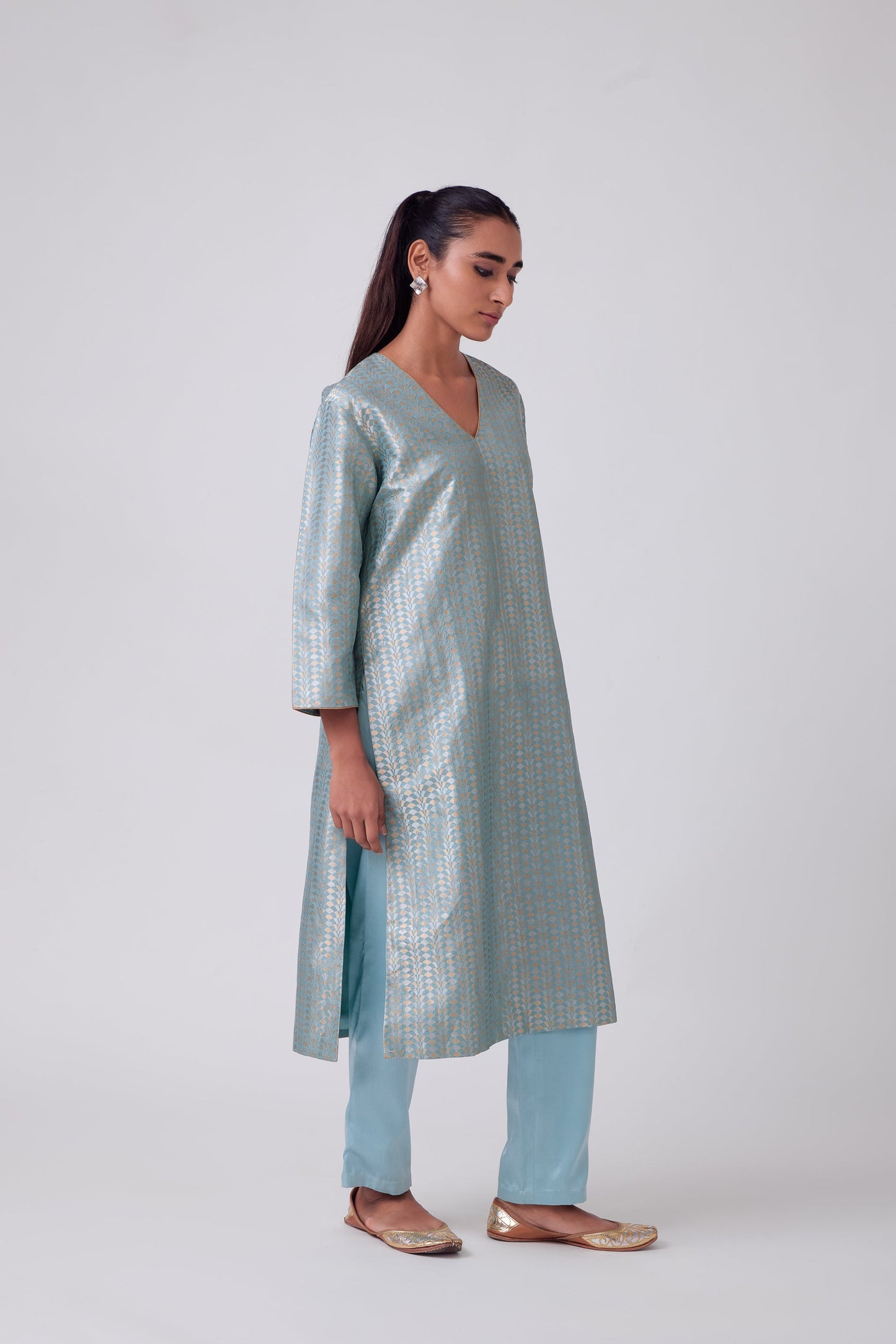 Kurta - Sky Blue Silk Brocade