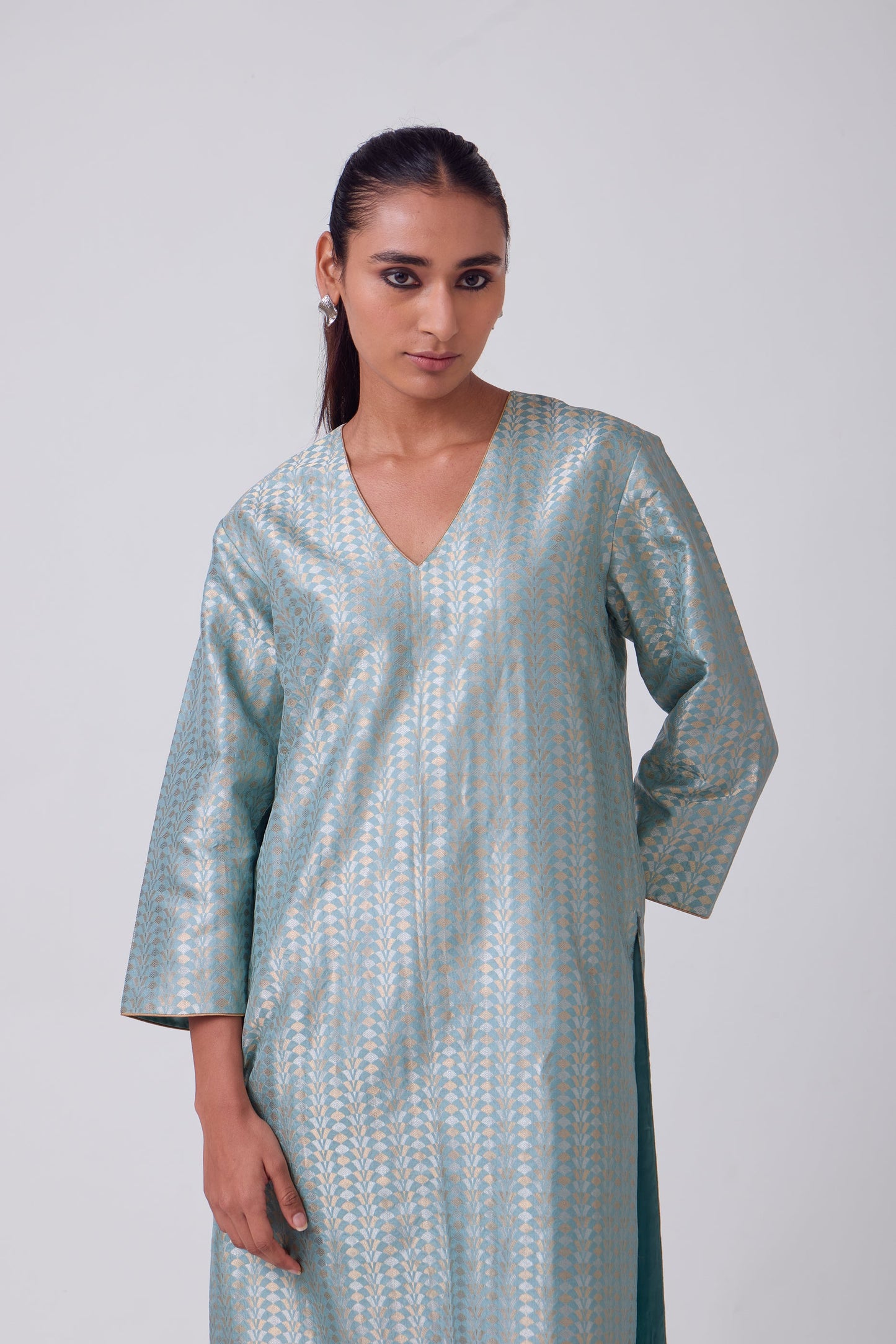 Kurta - Sky Blue Silk Brocade