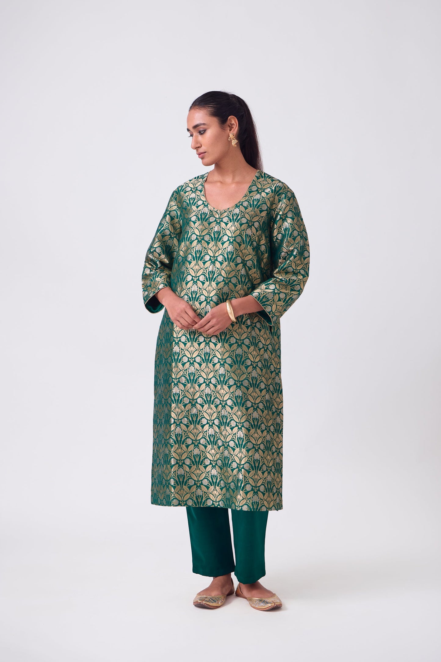 Kurta - Bottle Green Silk Brocade