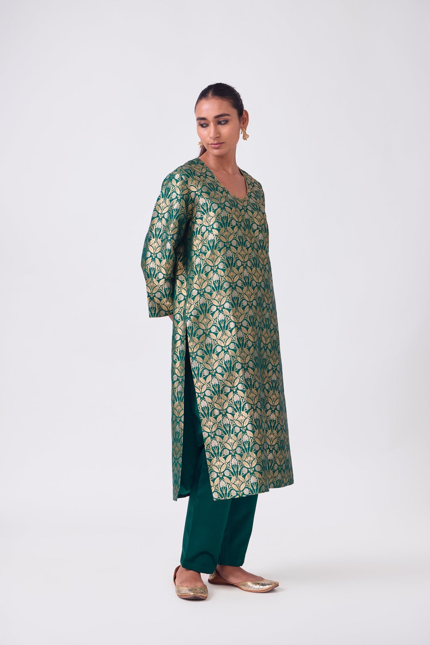 Kurta - Bottle Green Silk Brocade