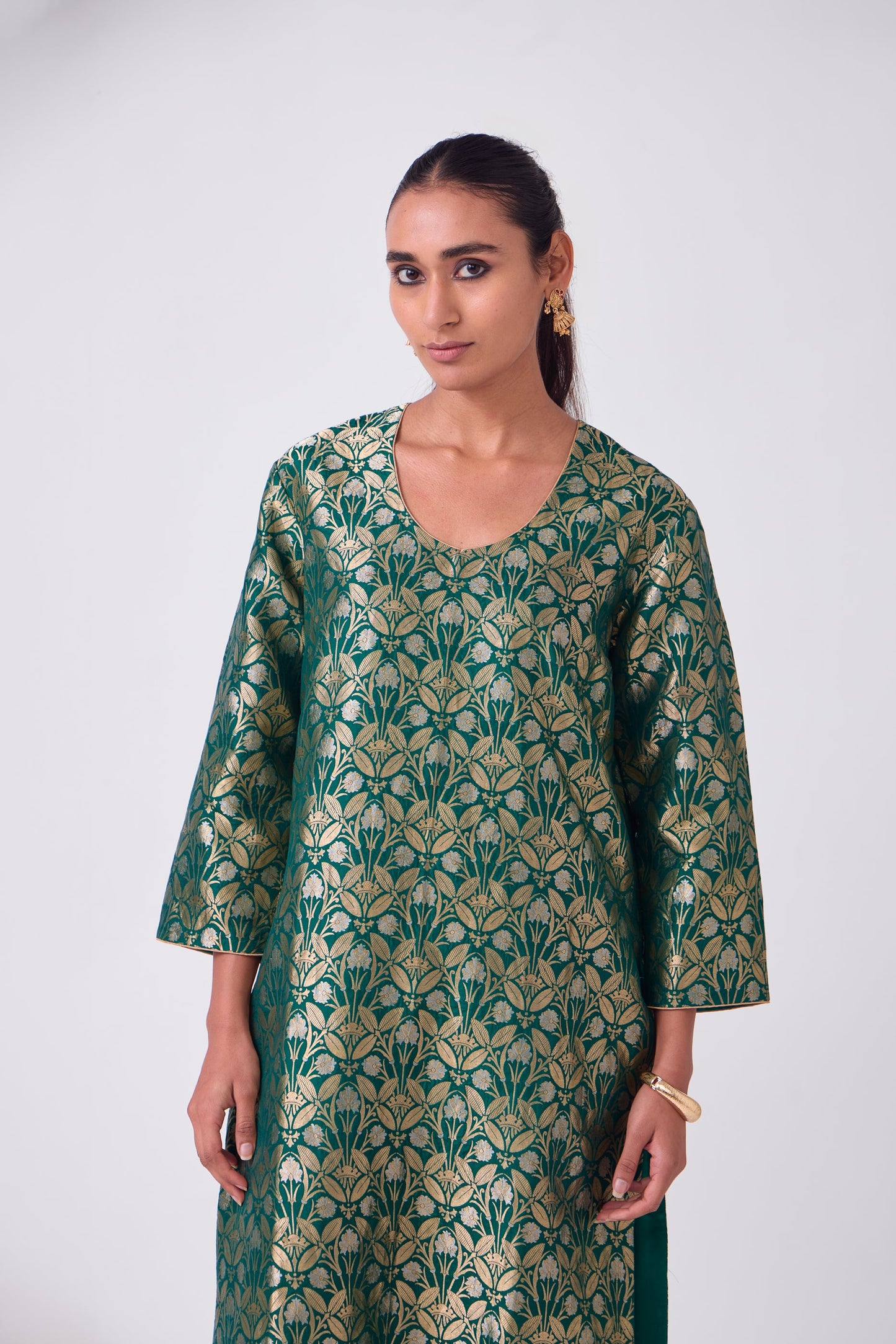Kurta - Bottle Green Silk Brocade