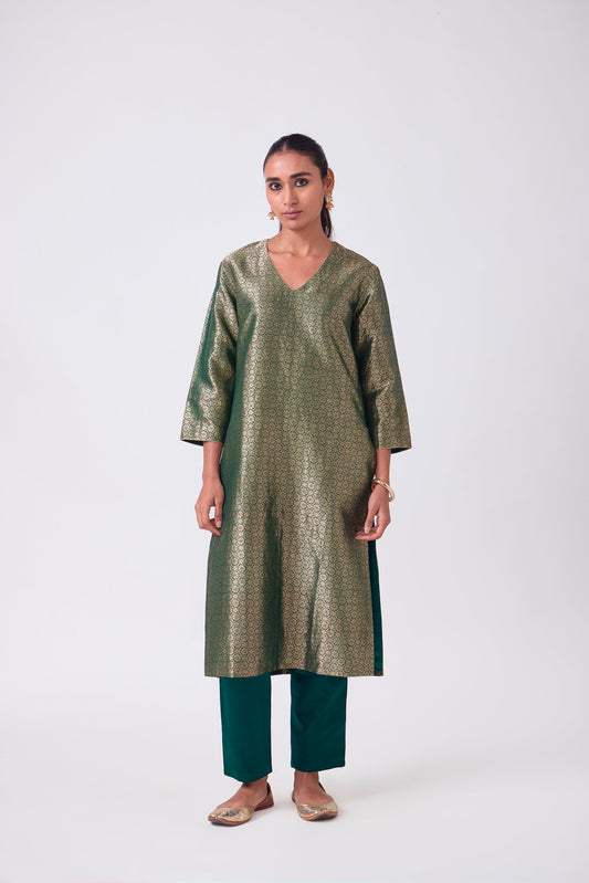 Kurta - Bottle Green Silk Brocade