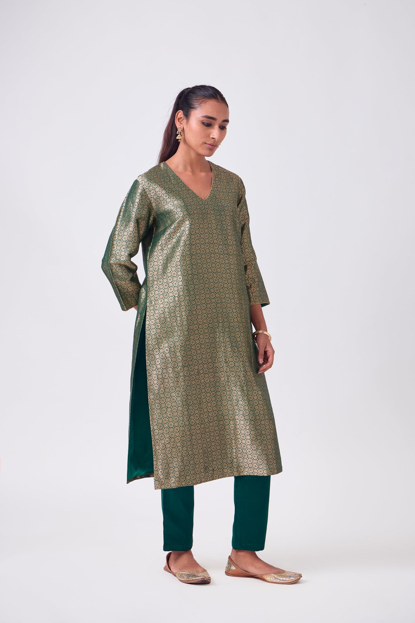 Kurta - Bottle Green Silk Brocade