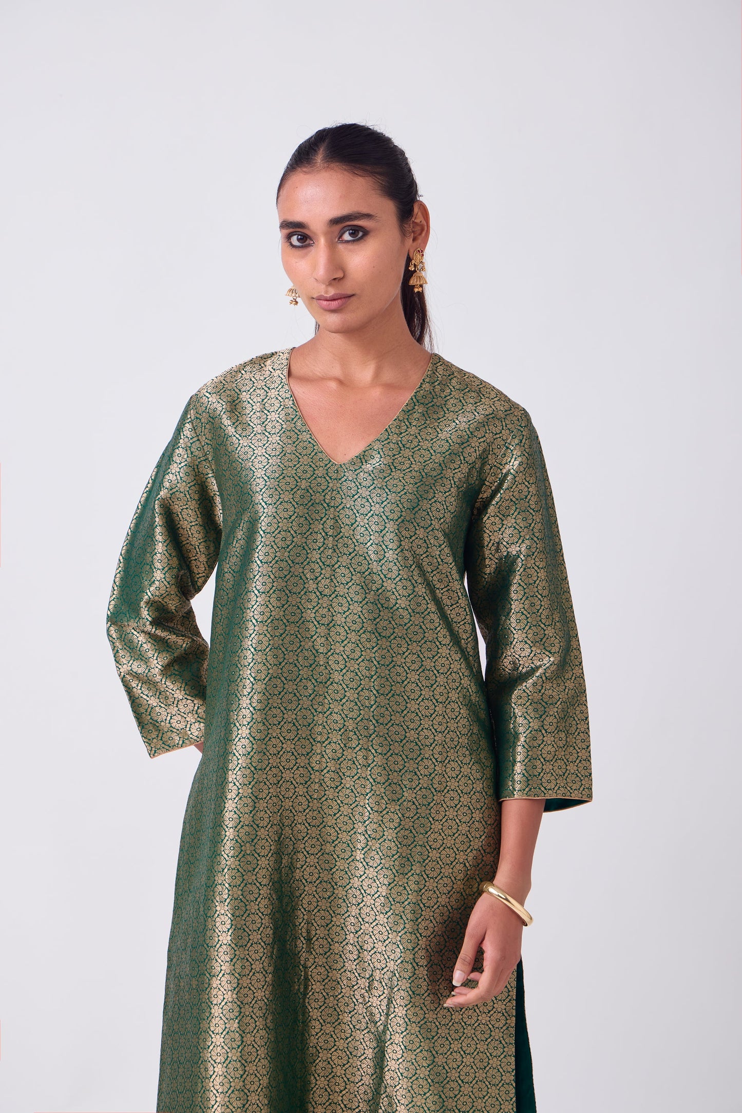 Kurta - Bottle Green Silk Brocade