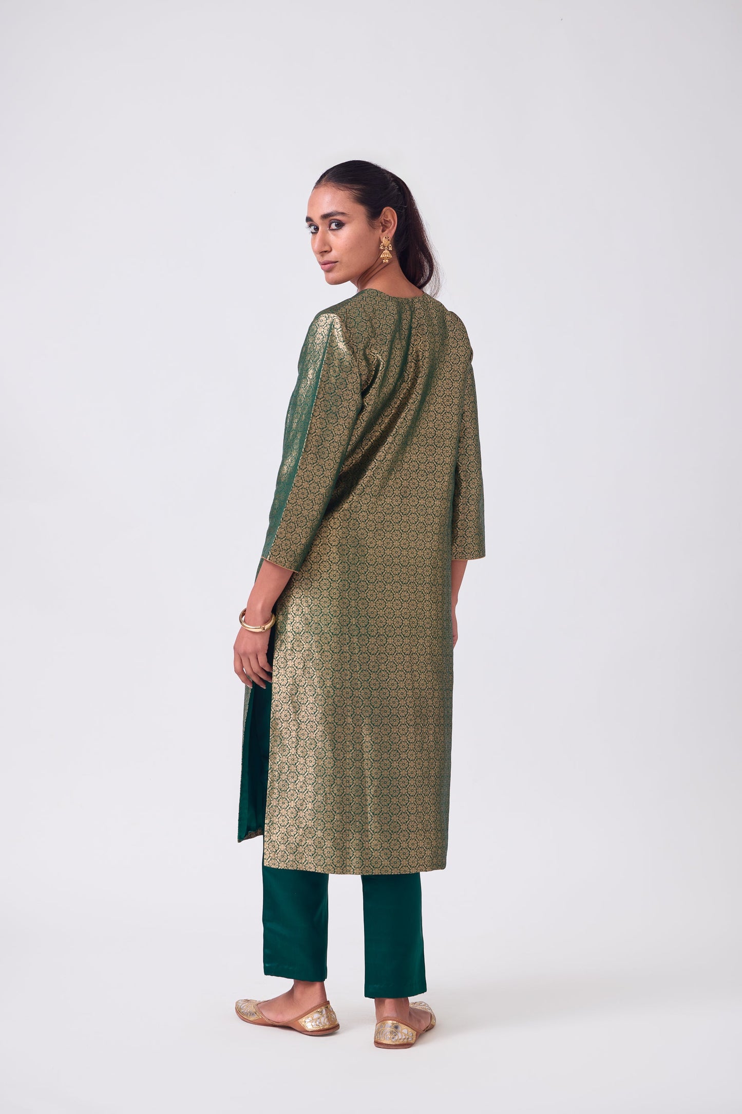 Kurta - Bottle Green Silk Brocade