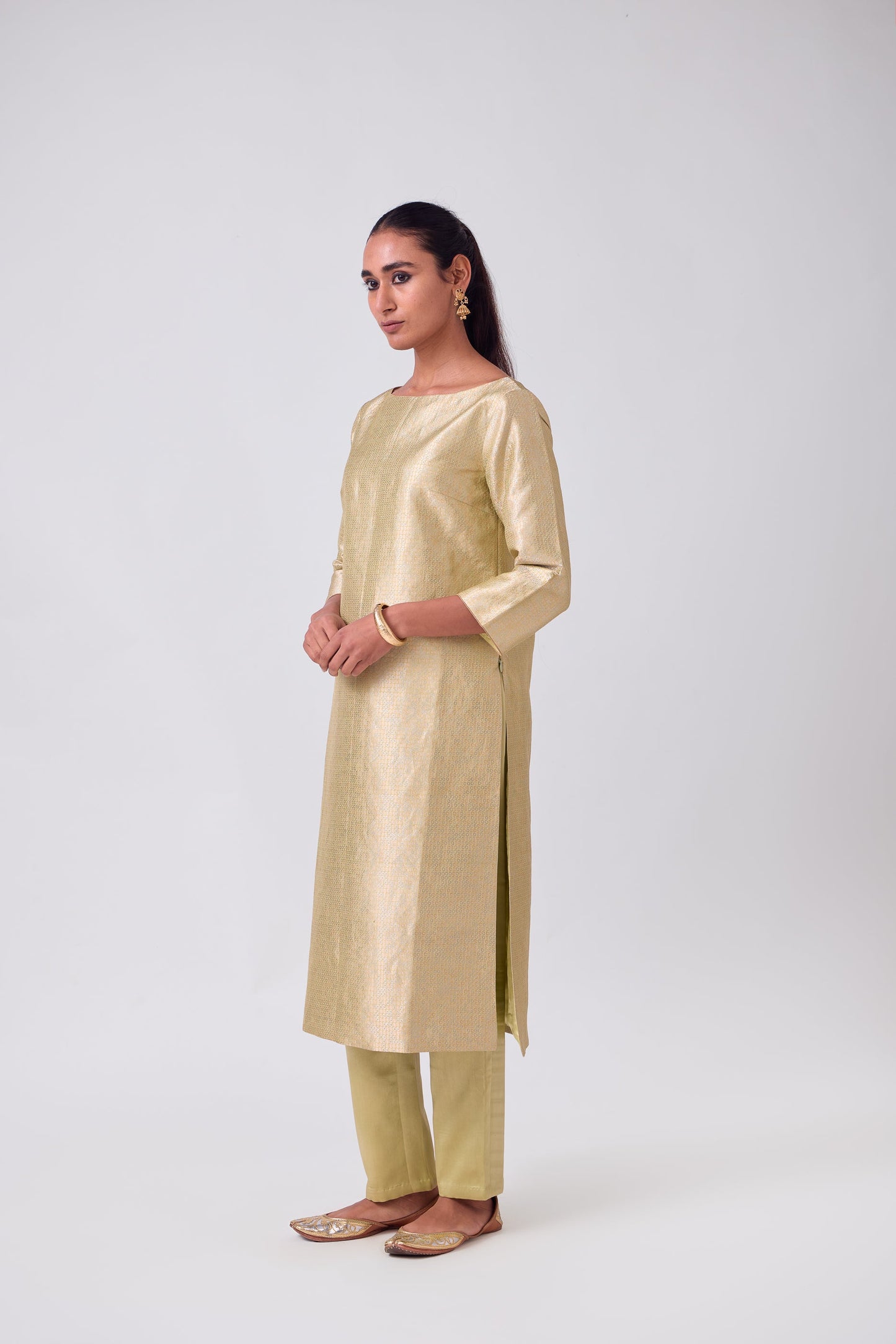 Kurta - Lime Yellow Silk Brocade