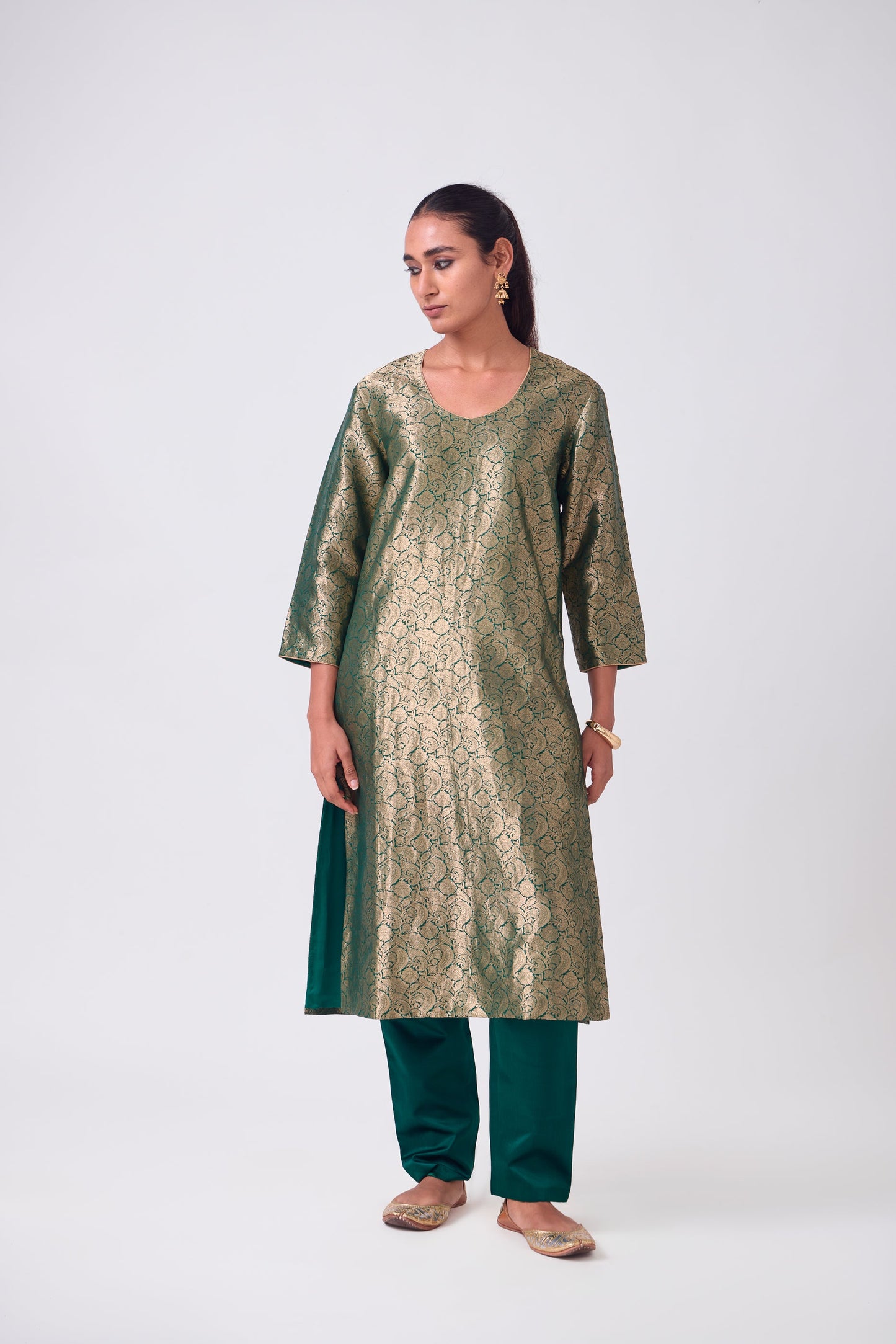 Kurta - Bottle Green Silk Brocade