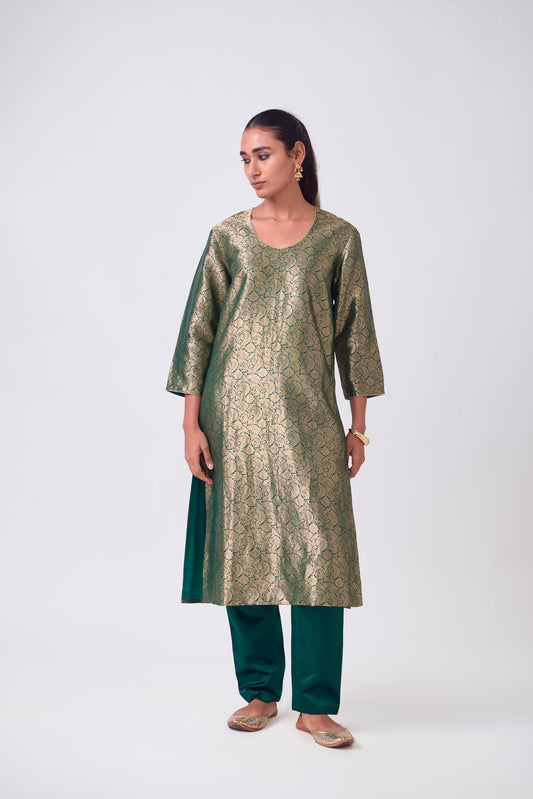 Kurta - Bottle Green Silk Brocade