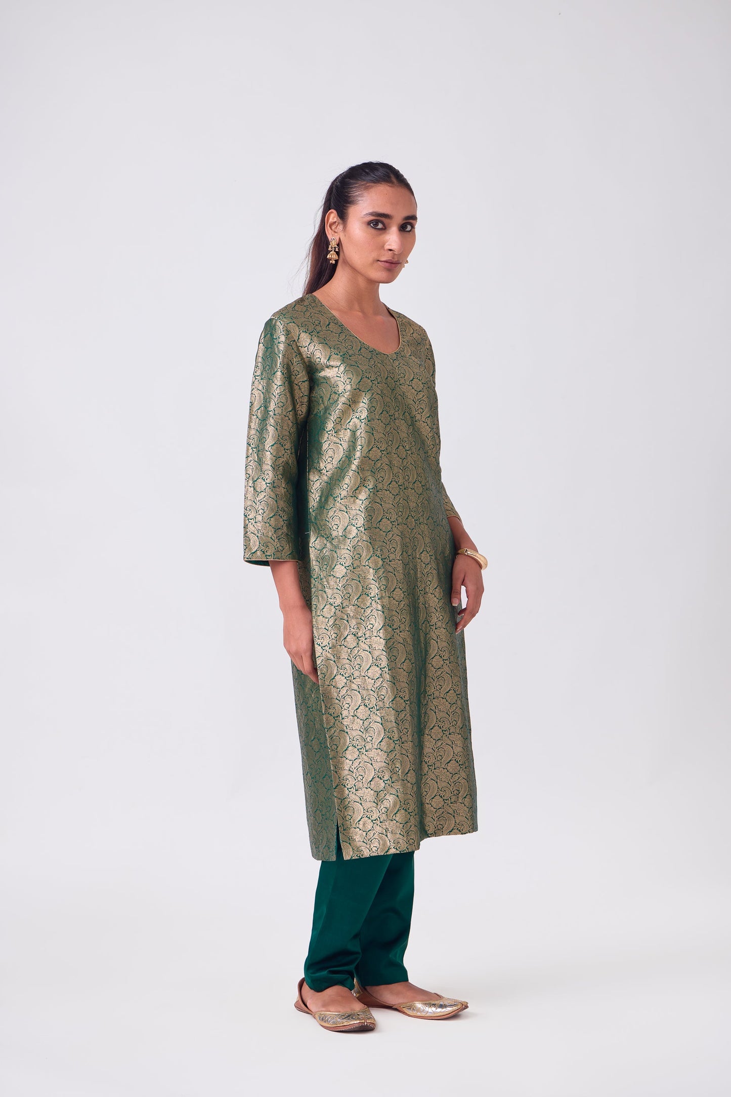 Kurta - Bottle Green Silk Brocade