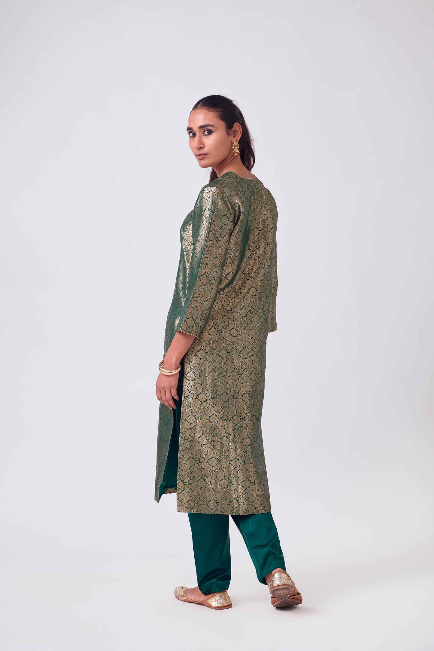 Kurta - Bottle Green Silk Brocade
