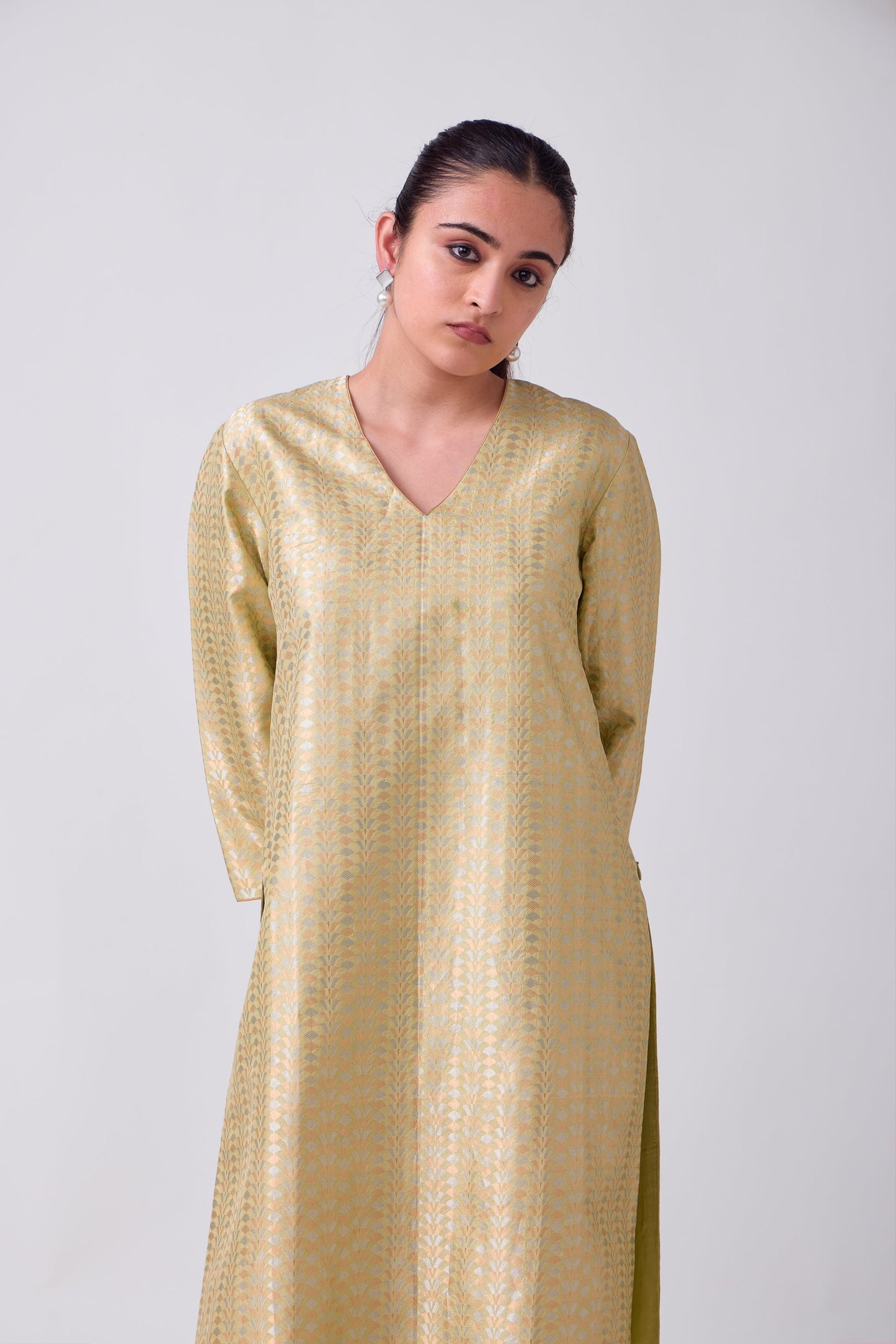Kurta - Lime Yellow Silk Brocade