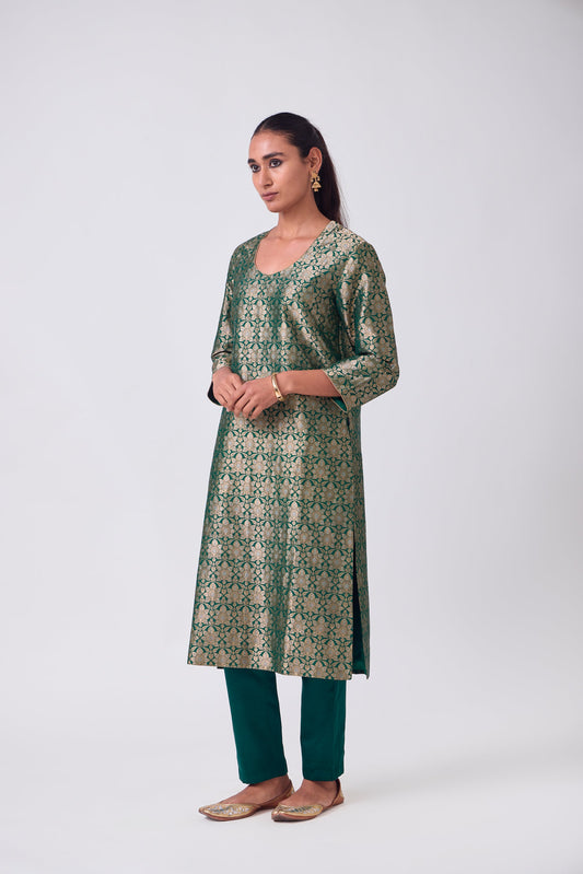 Kurta - Bottle Green Silk Brocade
