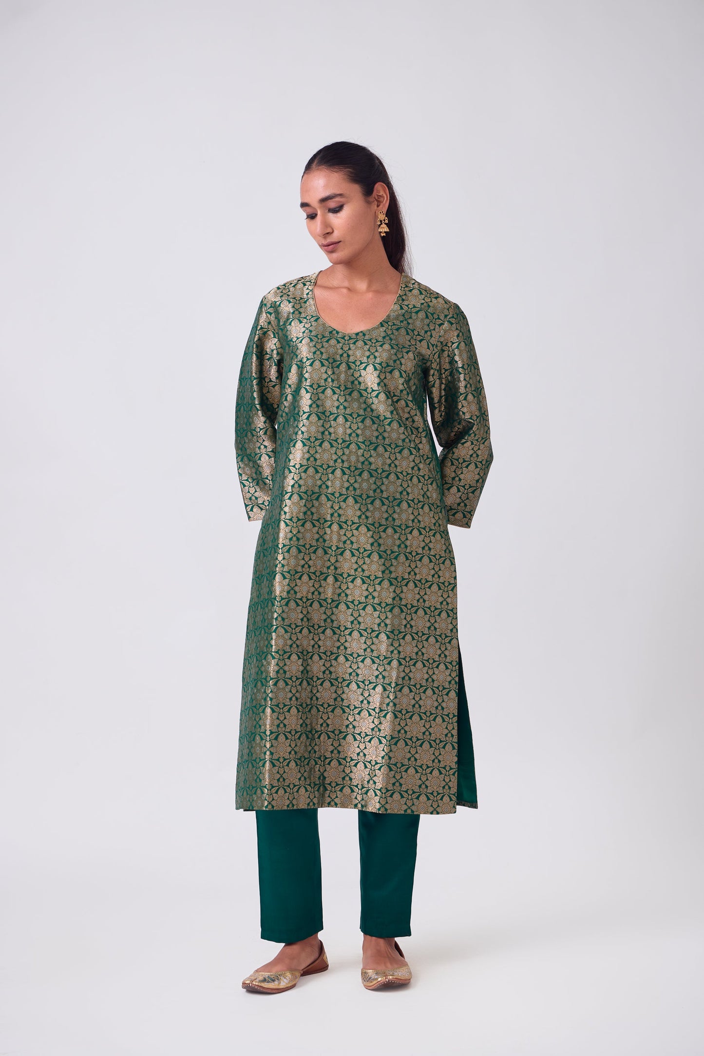 Kurta - Bottle Green Silk Brocade