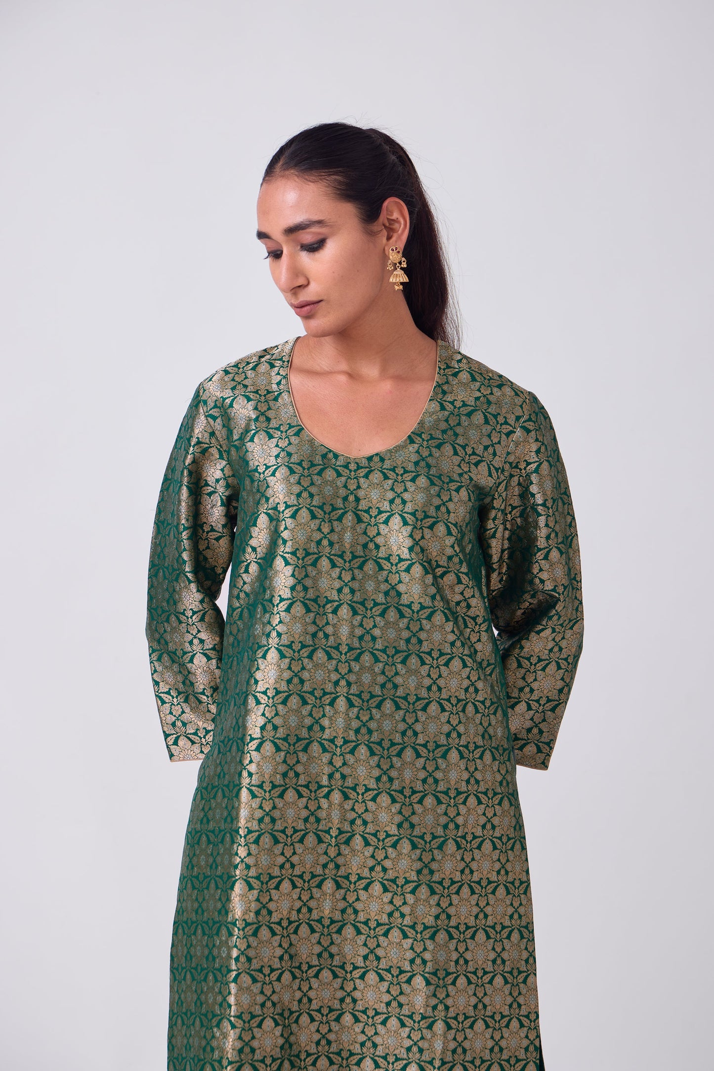 Kurta - Bottle Green Silk Brocade