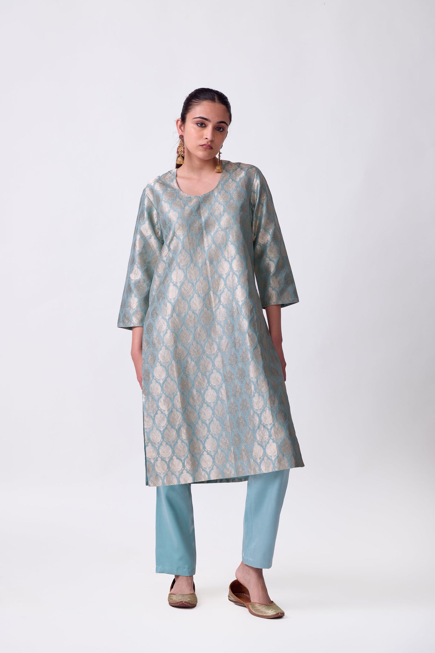 Kurta - Sky Blue Silk Brocade