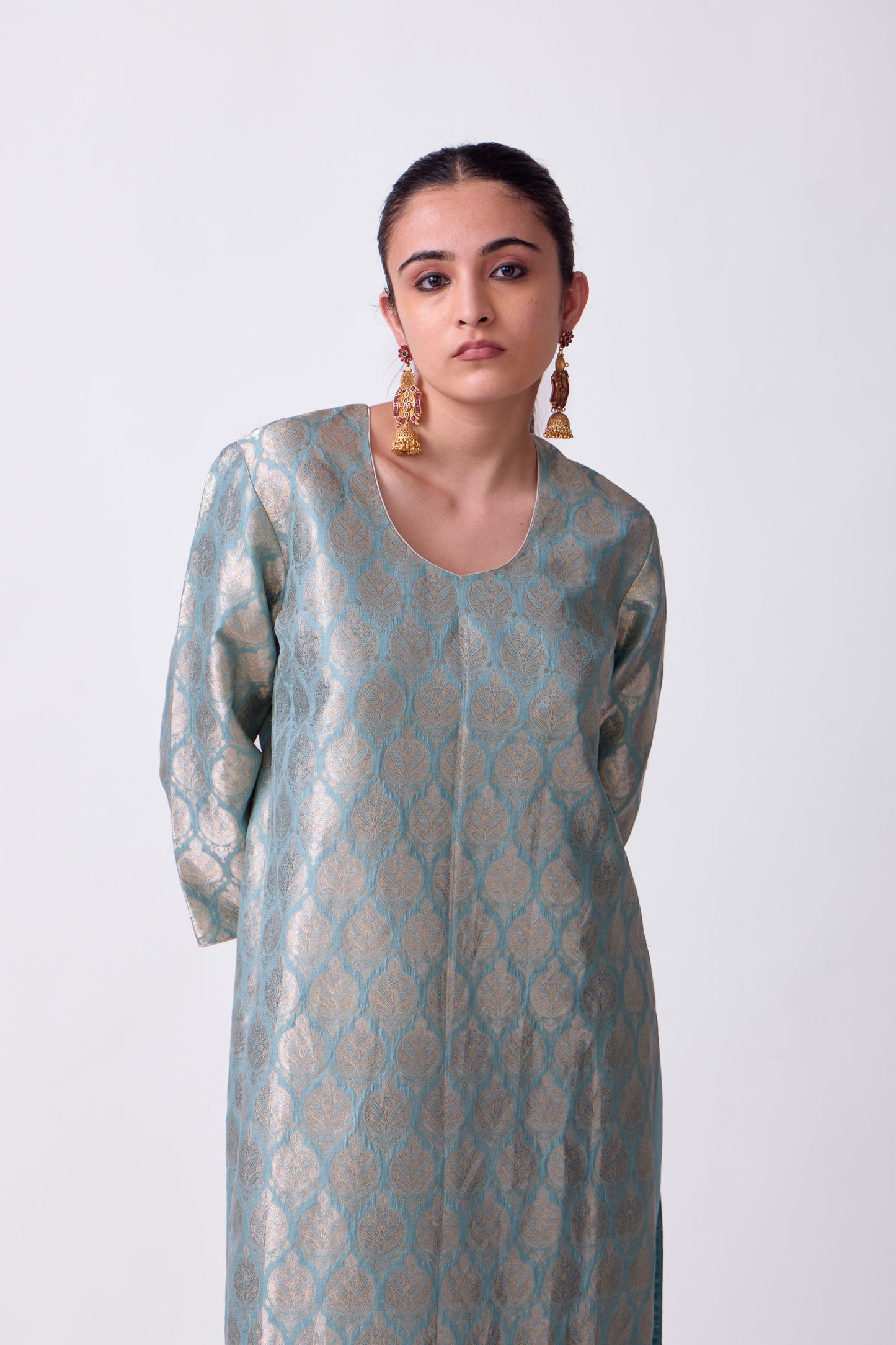 Kurta - Sky Blue Silk Brocade