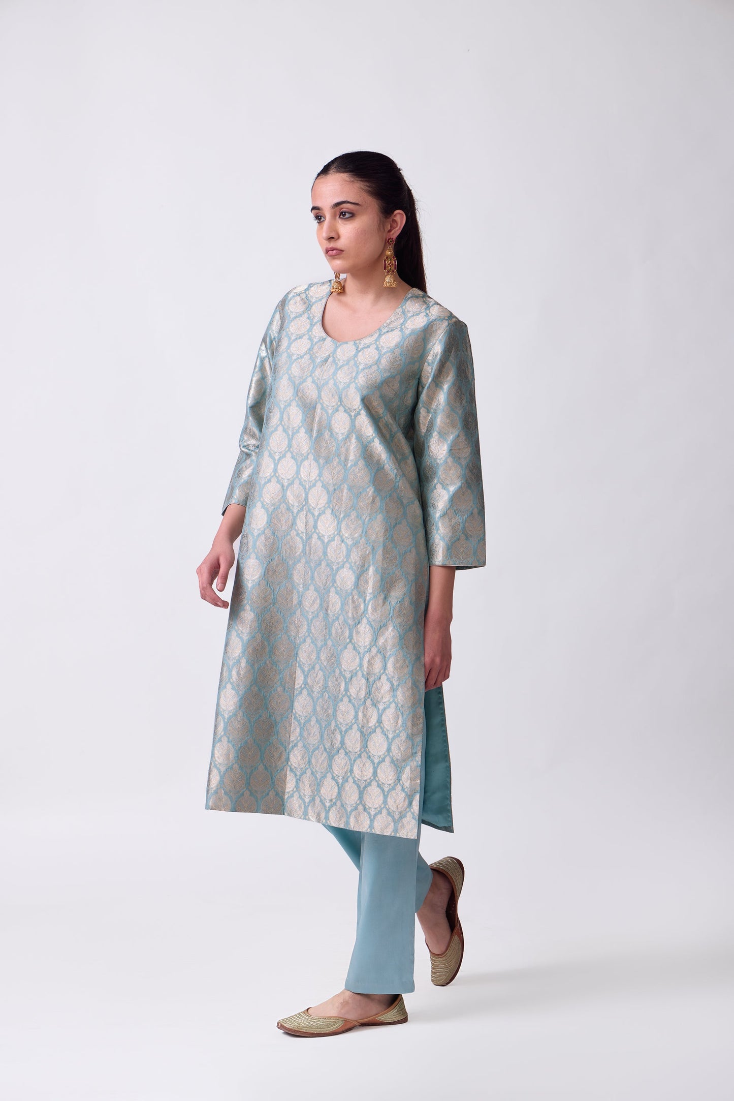 Kurta - Sky Blue Silk Brocade
