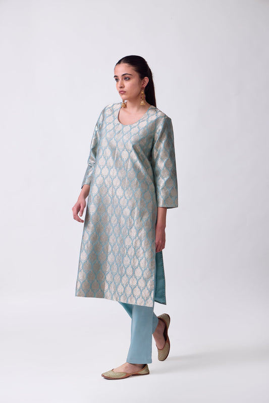 Kurta - Sky Blue Silk Brocade