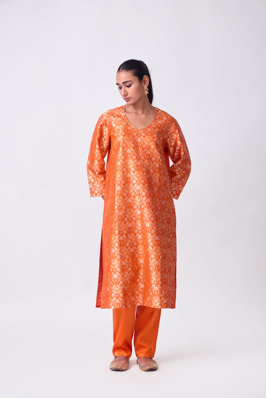 Kurta - Orange Silk Brocade
