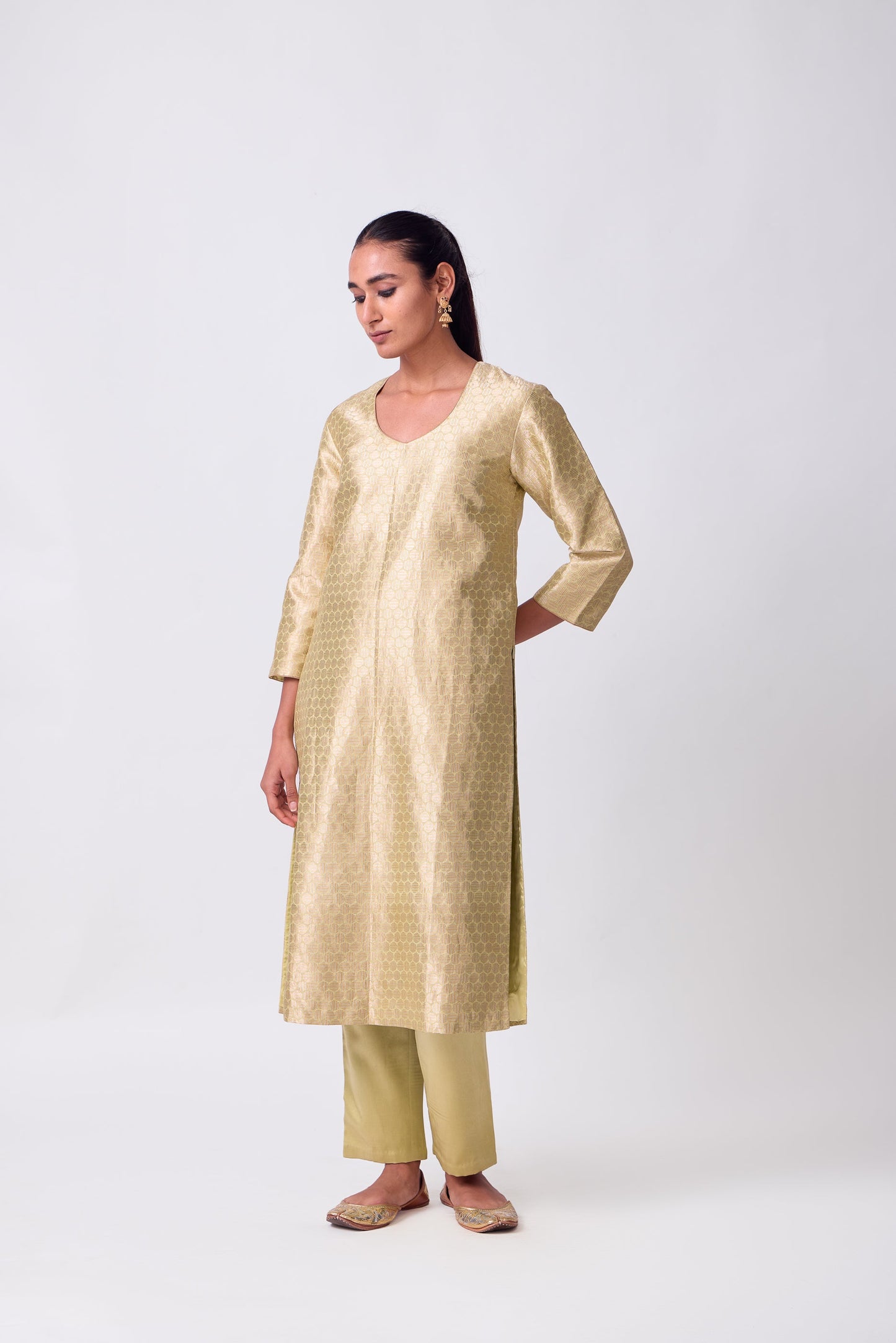 Kurta - Lime Yellow Silk Brocade