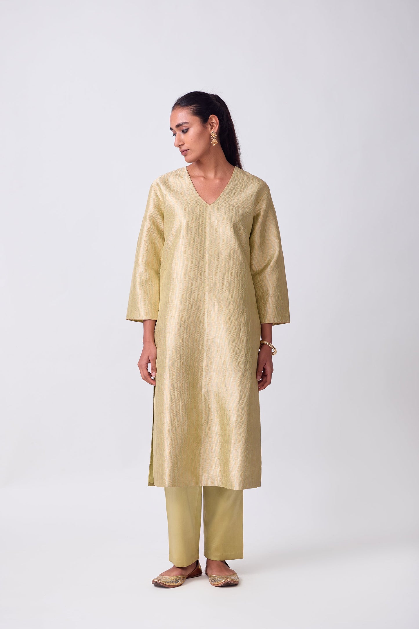 Kurta - Lime Yellow Silk Brocade