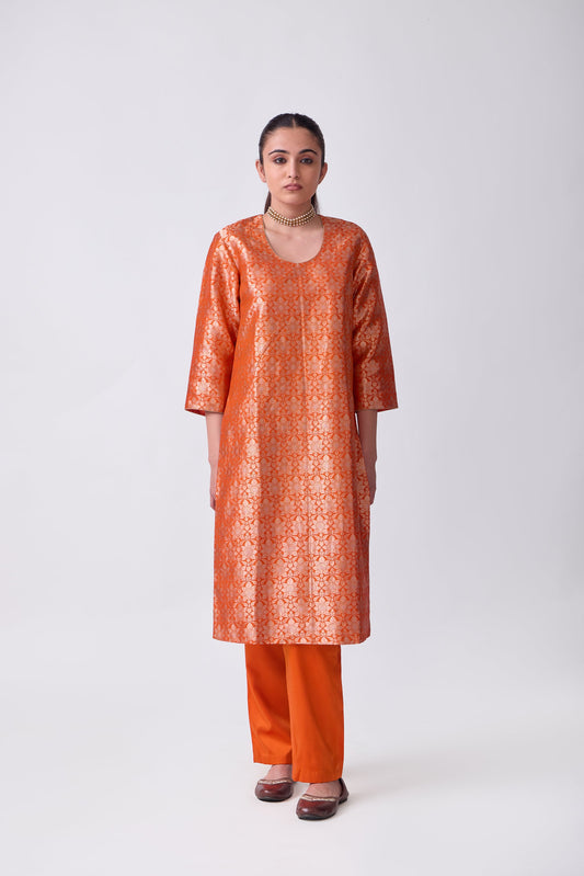Kurta - Orange Silk Brocade