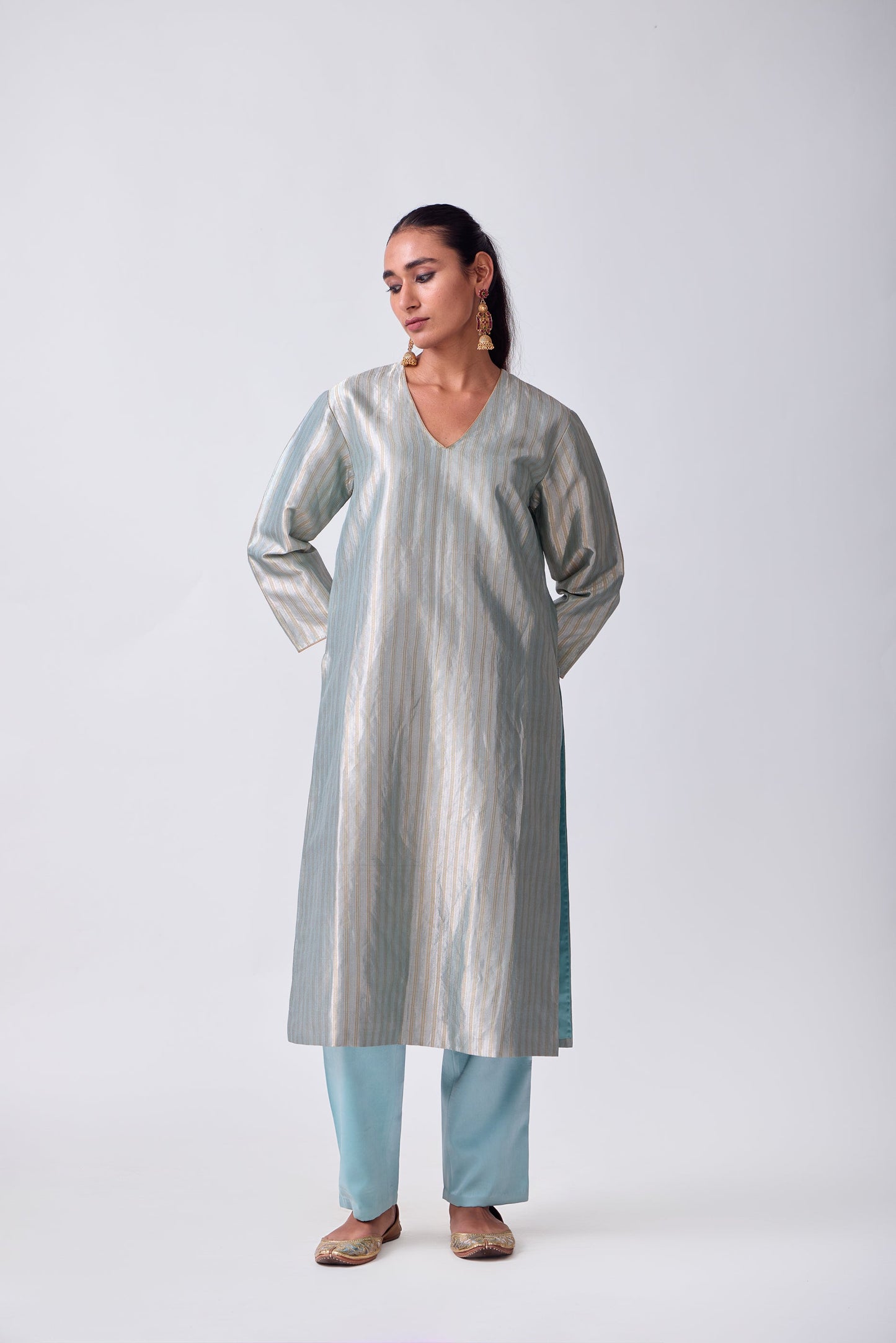 Kurta - Sky Blue Silk Brocade