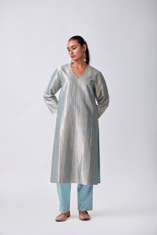 Kurta - Sky Blue Silk Brocade