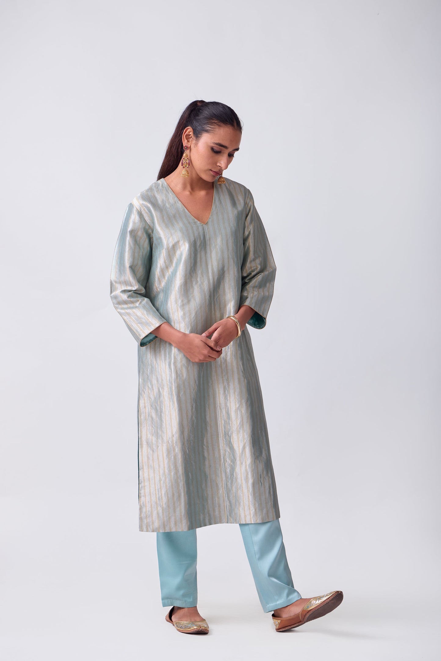 Kurta - Sky Blue Silk Brocade