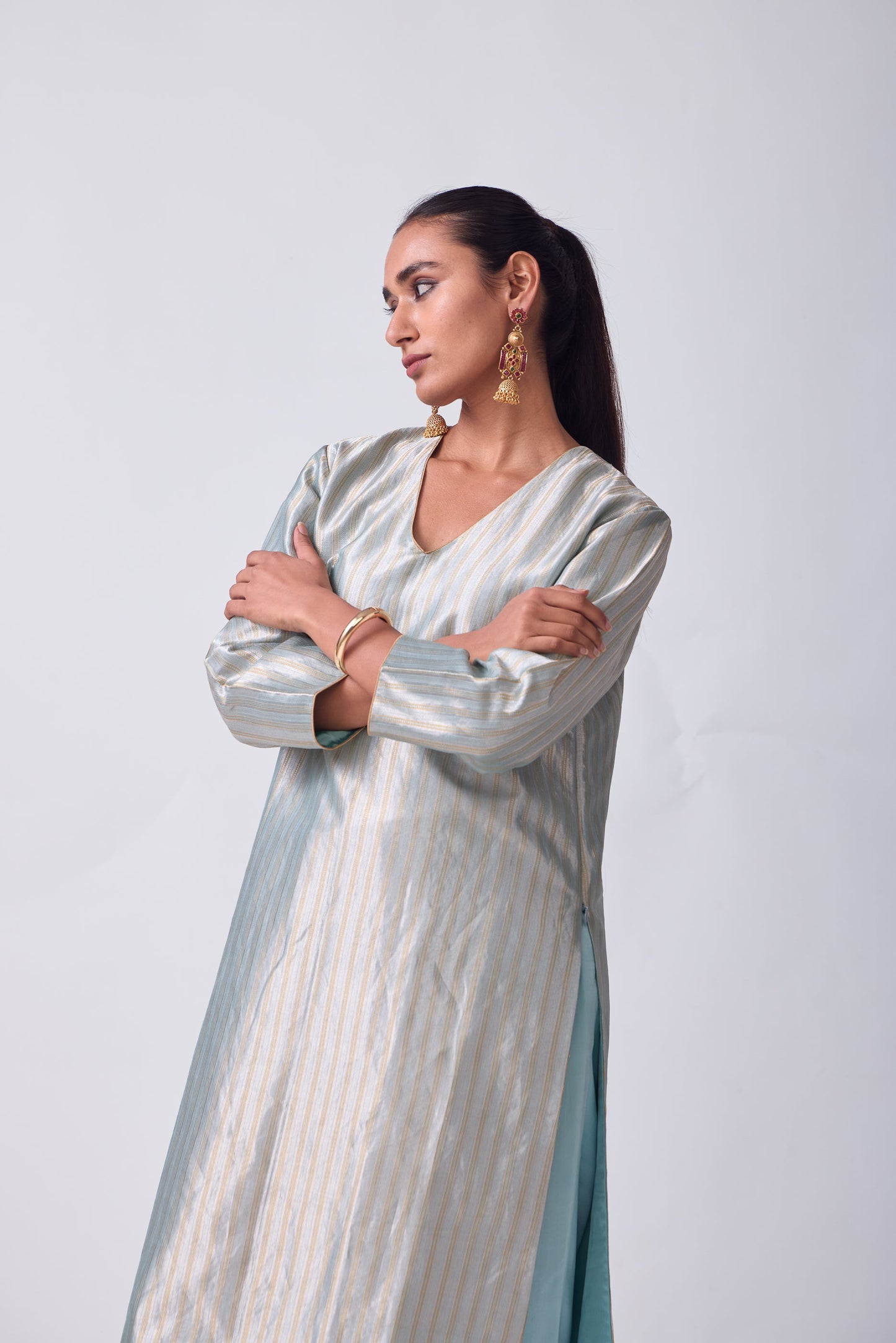 Kurta - Sky Blue Silk Brocade