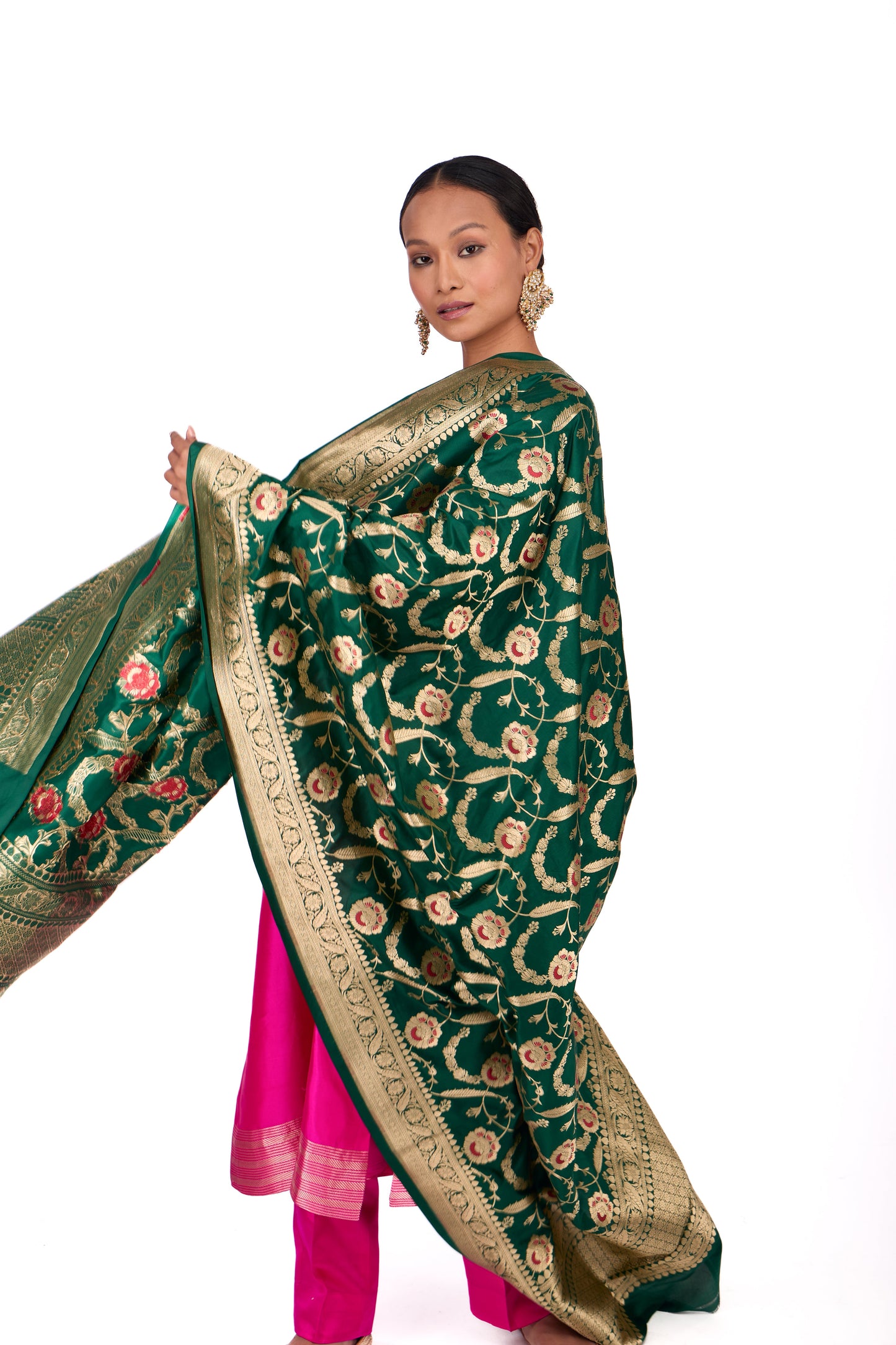 Bottle Green Katan silk Jaal Dupatta