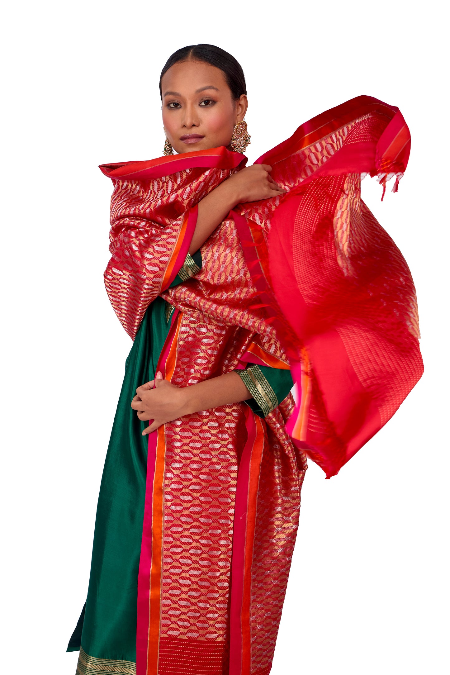 Red katan Silk Mashru Border Dupatta