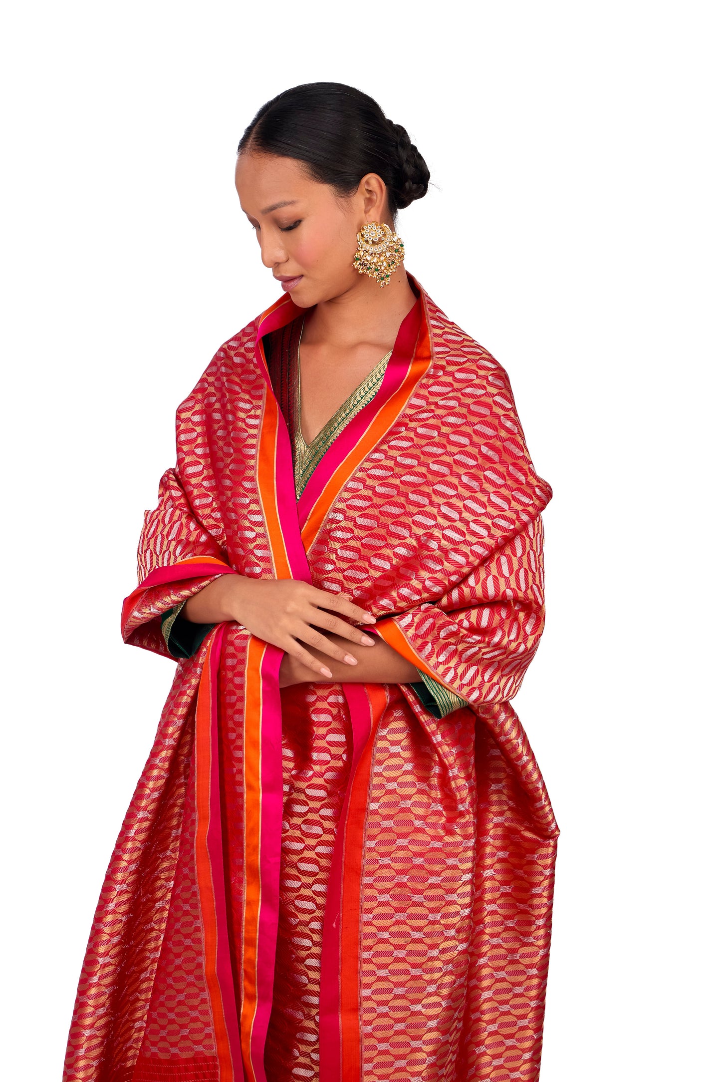 Red katan Silk Mashru Border Dupatta