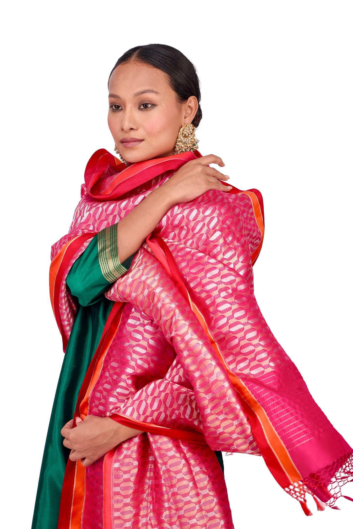 Red katan Silk Mashru Border Dupatta