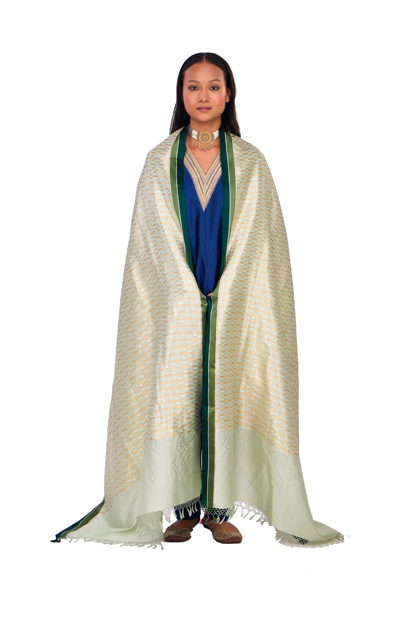 Mint Green katan Silk Mashru Border Dupatta