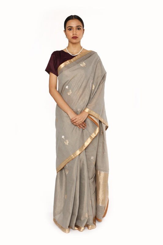 BOA -  Grey Cotton Tissue Saree