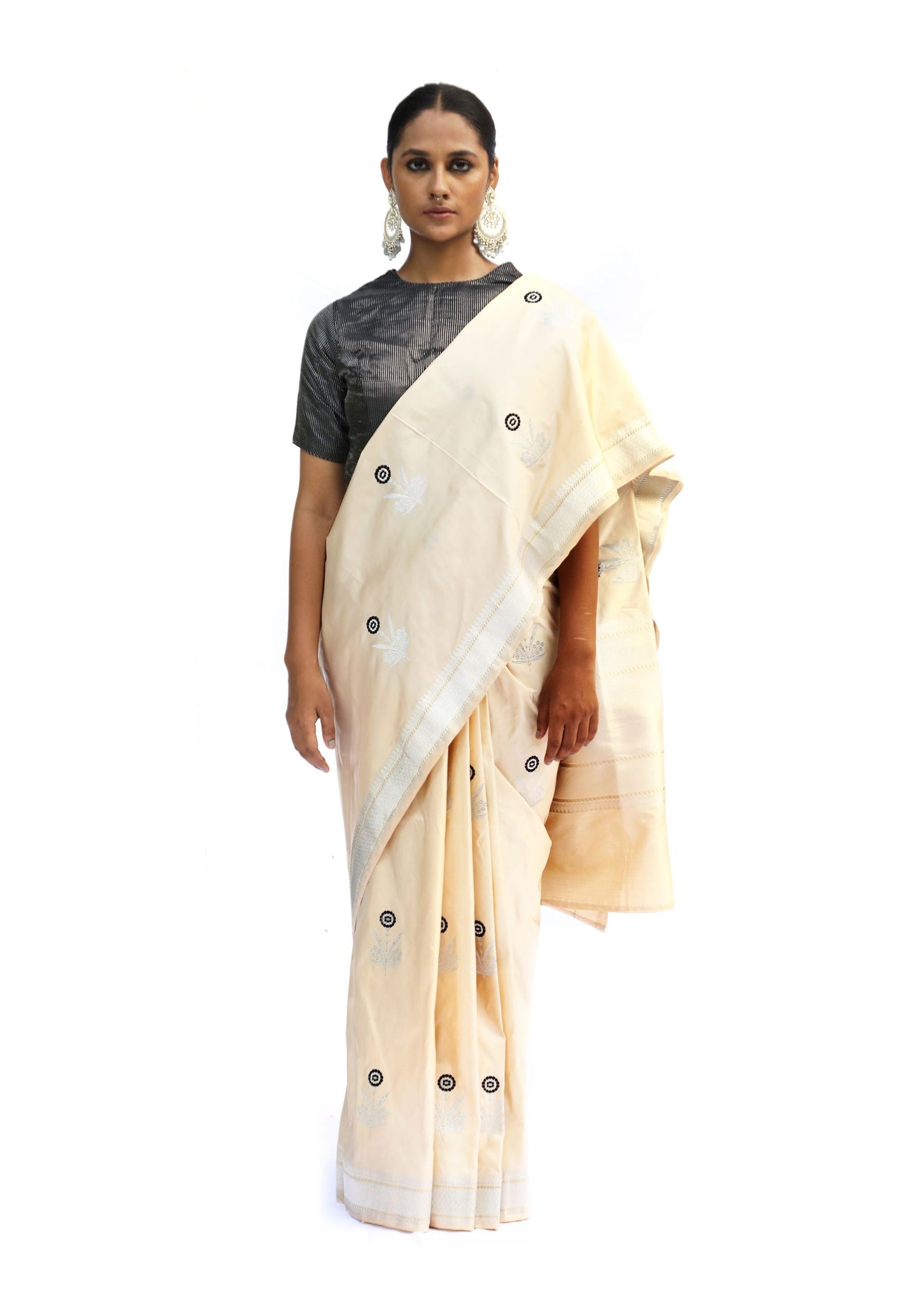 NILASI - Ivory white katan silk saree